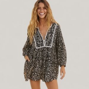 Old Navy Floral Babydoll Mini Dress‎ M Black Puff Sleeve | Romantic Vintage| M